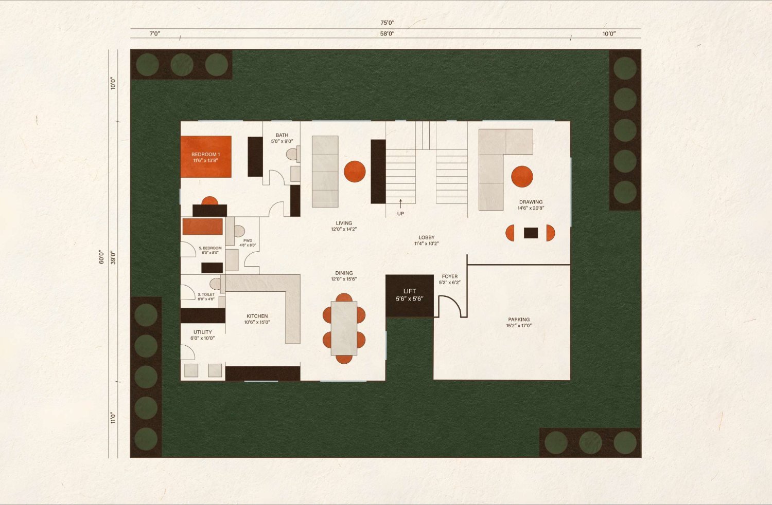 Subishi Nirvana 500 sq.yd east facing villa — ground floor plan
